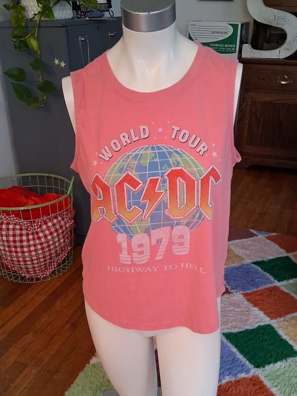 AC/DC Pink 'World Tour 1979' Oversized Graphic Muscle Tank Top